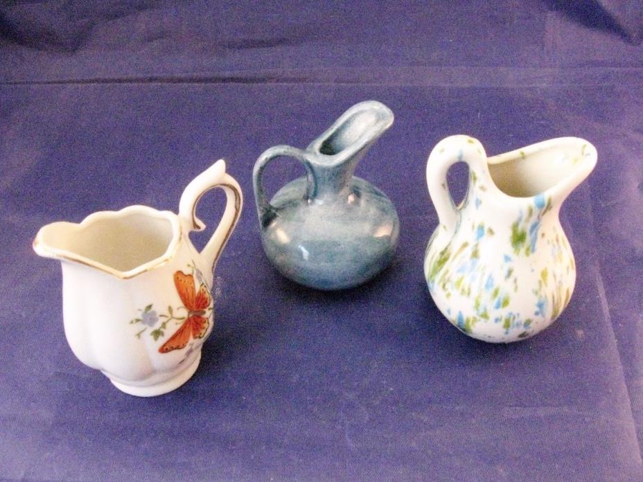 Lot of 3 Miniature Pitchers - Marbled Blue, Butterfly and Spatter Design