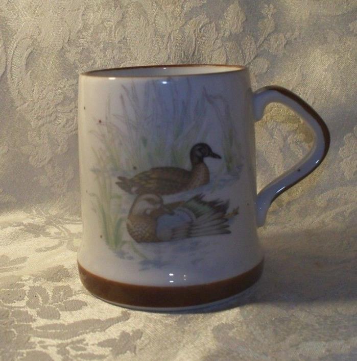 Vintage Stoneware Duck Mug White Brown Trim and Speckles