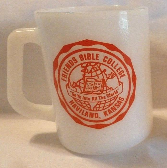 Vtg kitchen white MILK GLASS FEDERAL FBC Bible College Kansas Coffee Cup Mug EUC