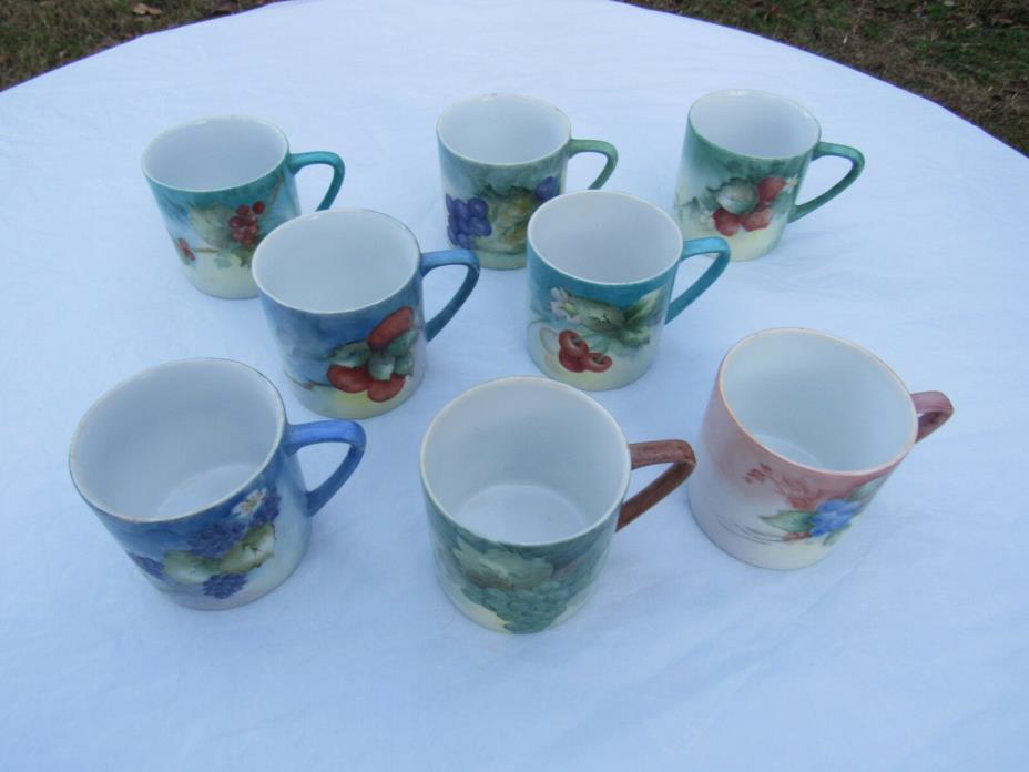 Set of Eight Vintage Porcelain Cups, Hand Painted with Fruit, Signed & Dated