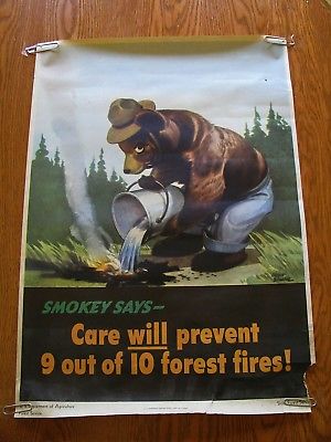 Large Paper 1944 War Time Smokey Bear Fire Prevention Poster