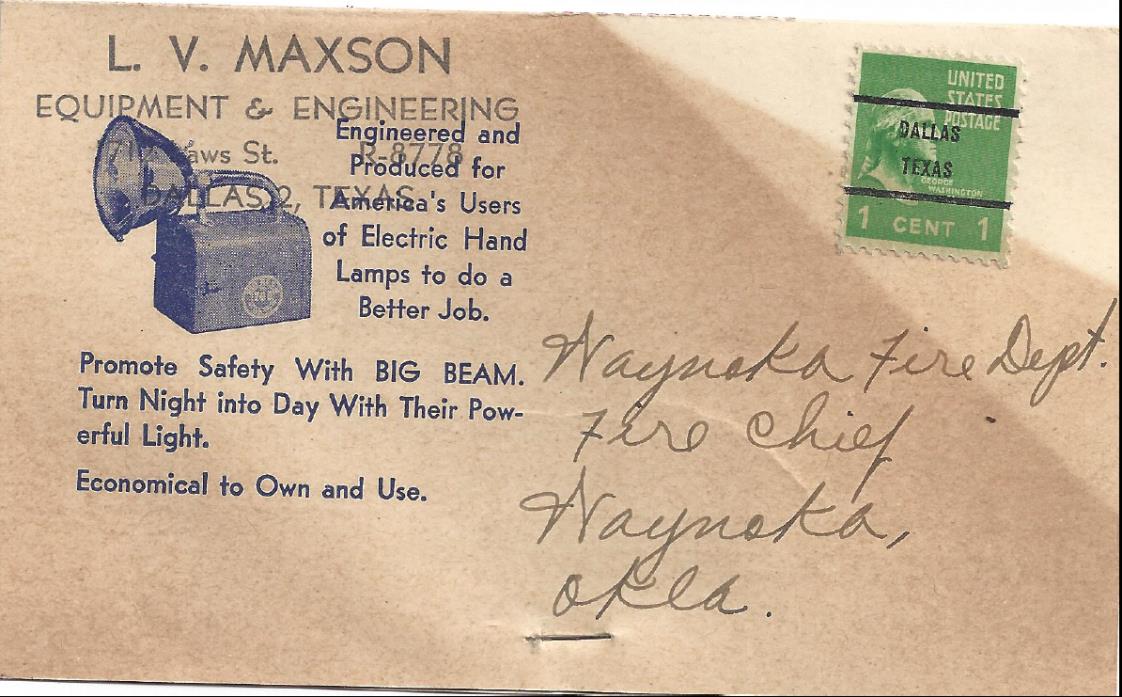 Postcard Mailer for a Big Beam Portable Emergency Lamp from Maxson (circa 1940s)