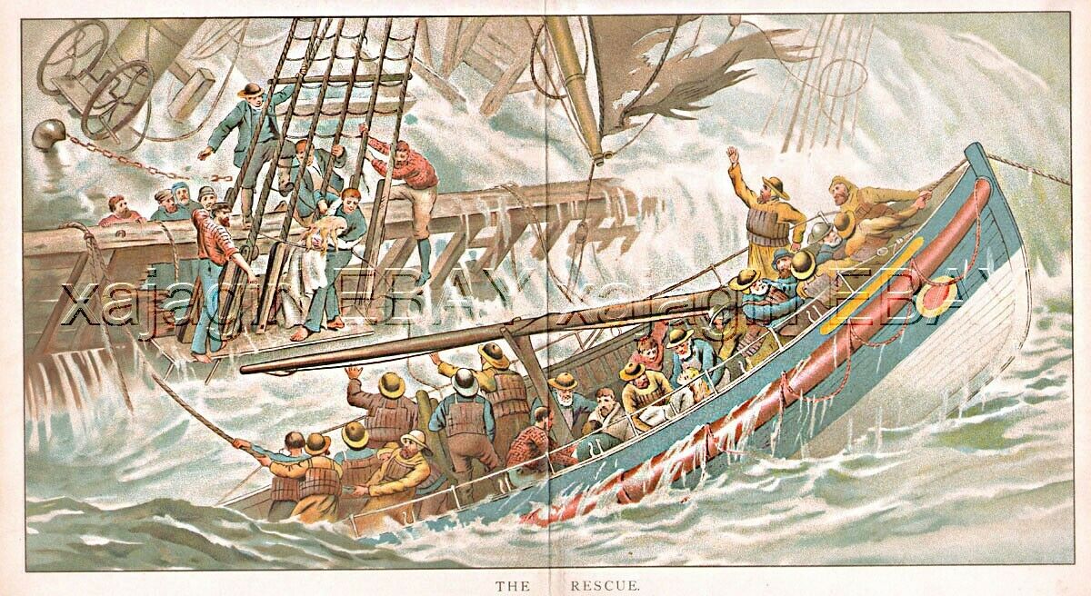 SHIPWRECK Life Saving Efforts, Panoramic 1890s Print