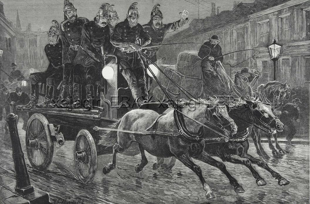 Firemen Galloping to Fire Horse-Drawn Engine, Huge Double 1880s Antique Print