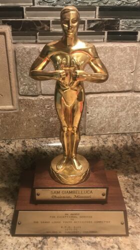 VINTAGE 1974-75 GRAND LODGE BPO ELKS AWARD STATUE TROPHY, GOLD TONE ON BASE