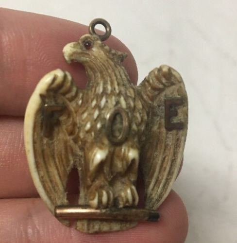 Antique Fraternal Order of Eagles Watch Fob Gold Letters Glass Eyes