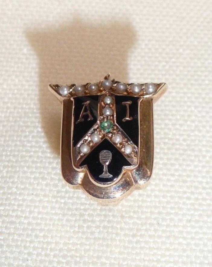 1935 Alpha Iota 10K Gold Sorority Pin with Seed Pearls & Emerald FREE SHIP