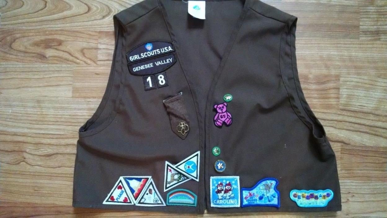 Girl Scout Brownie Brown Vest Size 14-16  Large 13 Patches and 4 Pins Try It