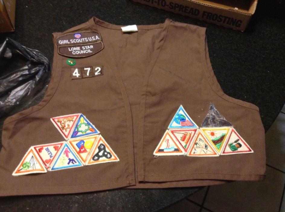 Vintage 1990's Brownie GIrl Scout Vest w/ Patches, Badges, and Pins!  46 Total!
