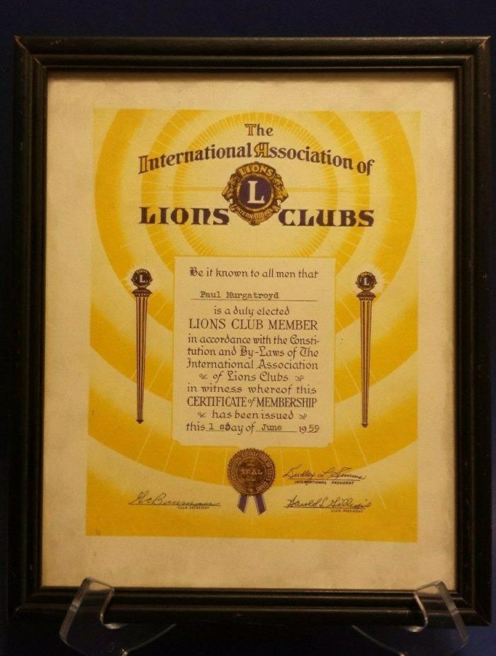 LIONS CLUB..1959 Membership Certificate..Cambridge, Ohio..Paul Murgatroyd
