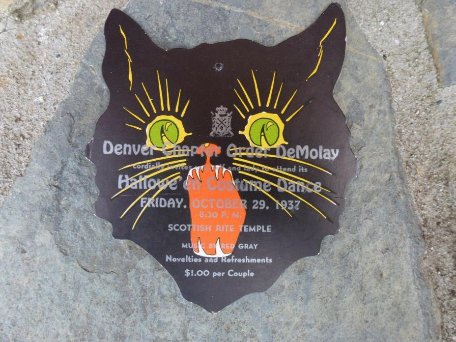 MASONIC 1937 DE MOLAY Halloween Black Cat Cardboard Invitation Denver