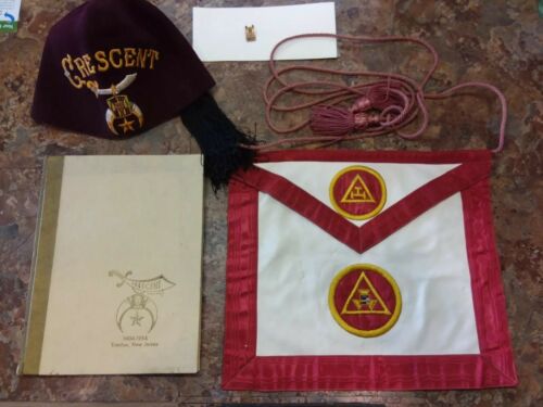 Shriners Collection-Crescent Temple Pin And Book, Apron, cap Freemason Masonic