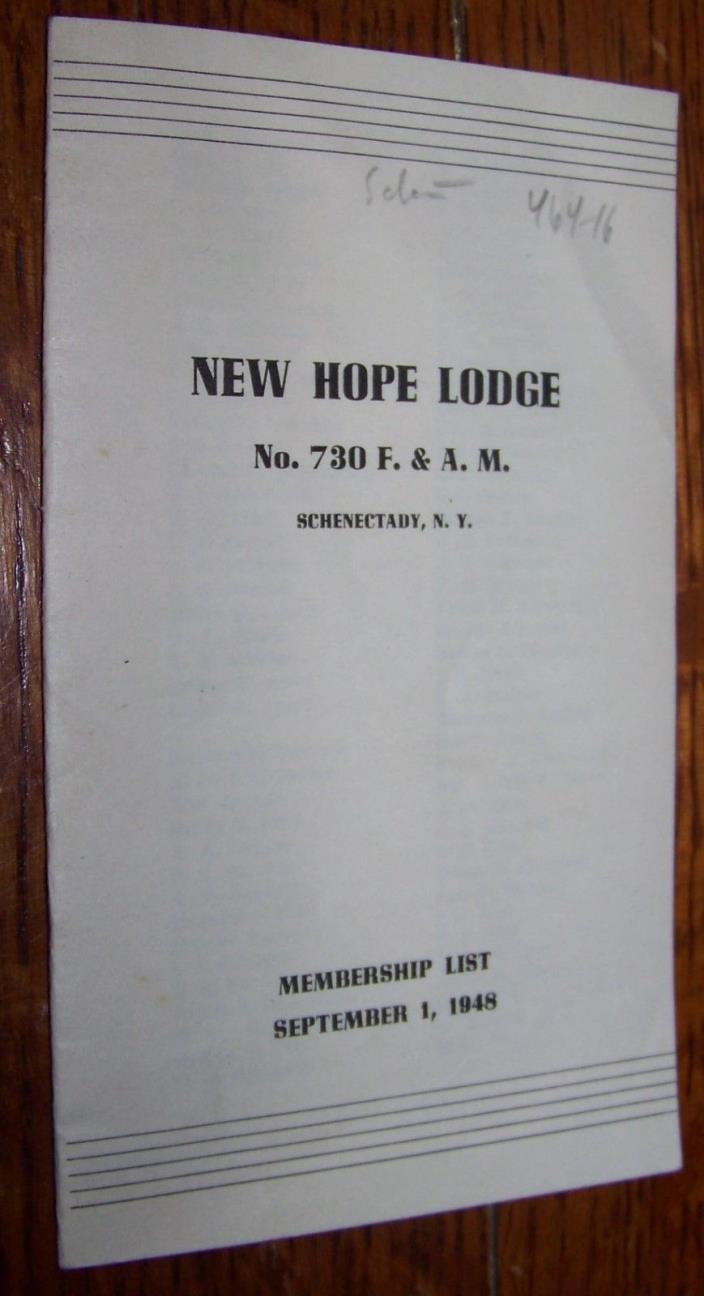 1948 NEW HOPE LODGE SCHNECTADY NY MASONIC MEMBERSHIP DIRECTORY MASONRY BOOK