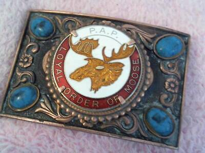 P.A.P. LOYAL ORDER OF MOOSE MOOSEHEAD BELT BUCKLE WITH TURQUOISE , SHIPPED TODAY