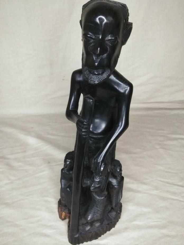 African Wood Art Carving Statue of Old Man and Children