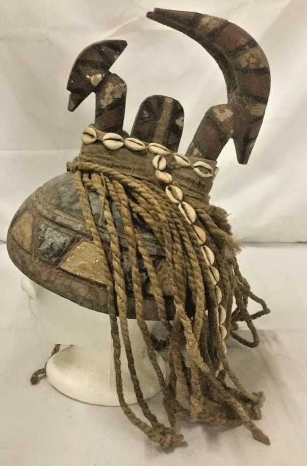 TRIBAL ART AFRICAN SHELL CONGO HELMET HORN CEREMONIAL MASK