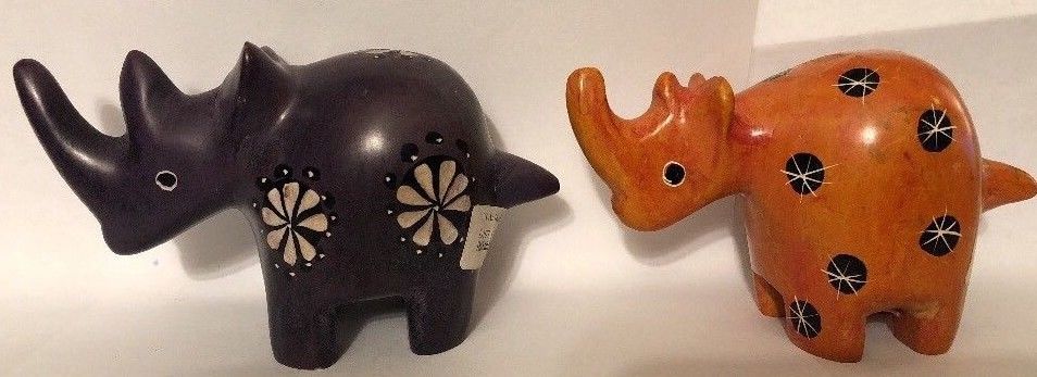 Pair Soapstone Figures Handcrafted Kenya Rhino Purple Orange Lot Of 2