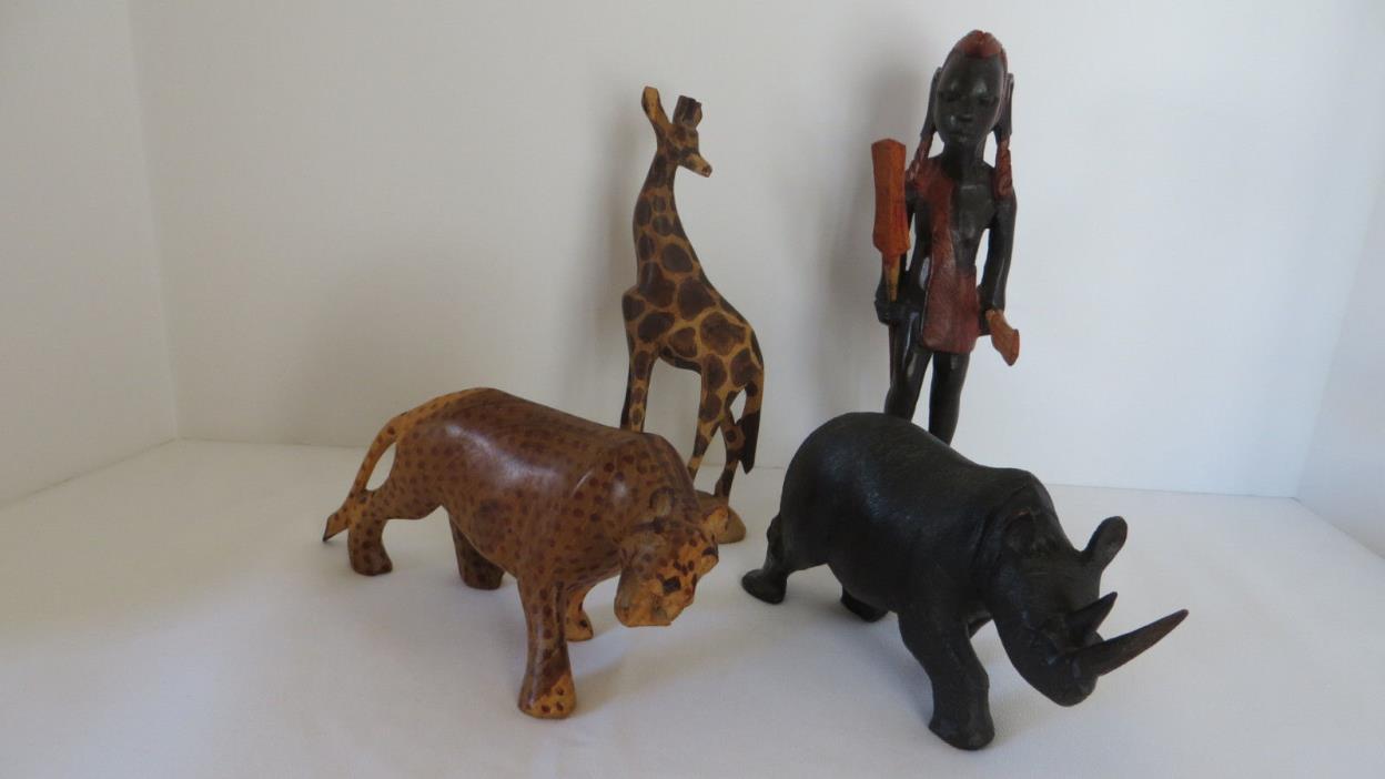 4 Wooden African Figures Giraffe, Rhinosaur, Cheetah, & Tribesmen
