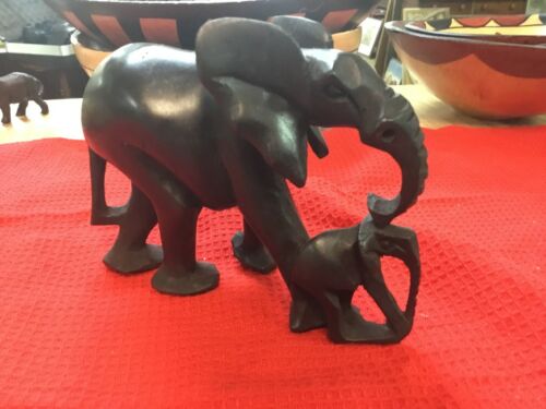 African Safari Elephant With Baby Figurine Hand Carved  Ebony