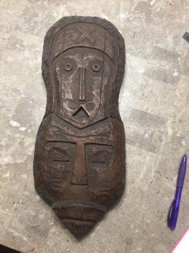 Wood Mask Hand Carved Wooden Wall Decor w Inlay Design