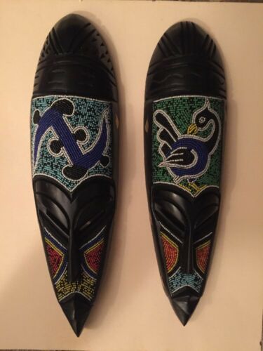 Hand Carved Wood African Beaded Mask x 2