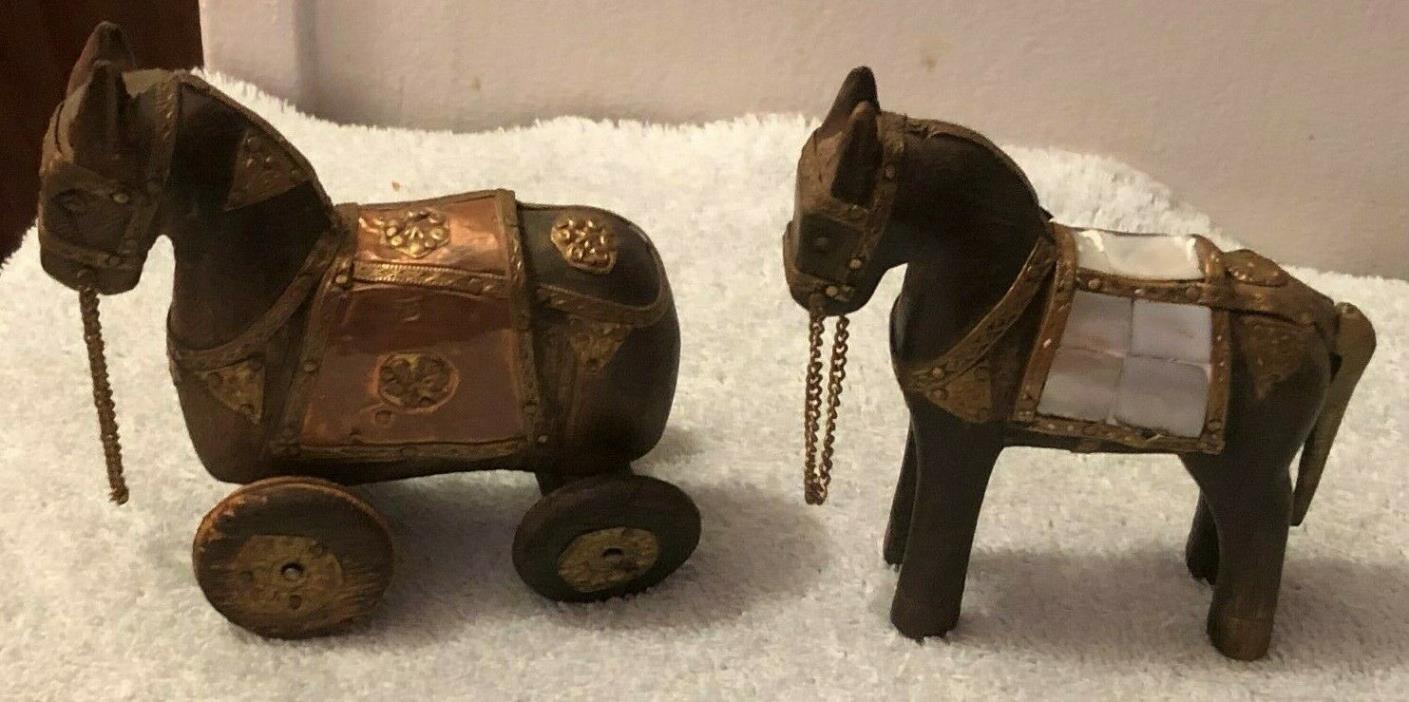 Pair of vintage wooden armored horses with metal and mother-of-pearl inlay OLD