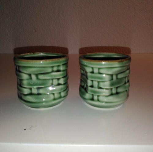 Vintage Green Basket Weave Pattern Sake Cup Set of 2