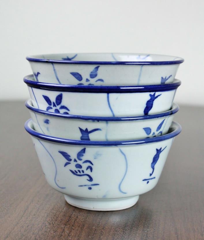 Set of 4 Vintage Chinese Blue White Porcelain Rice Soup Bowls Hand painted