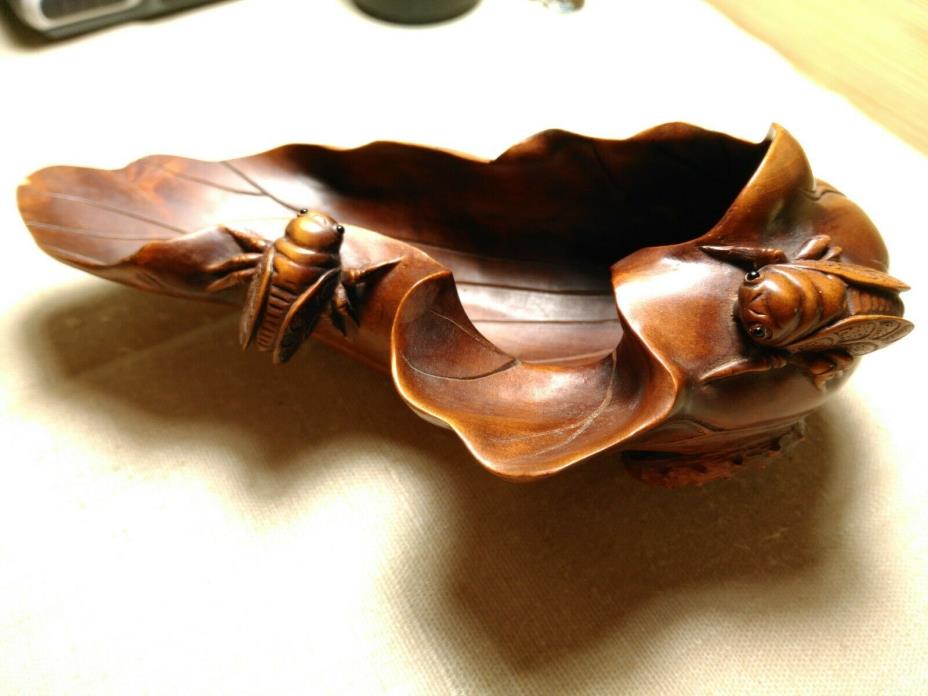 Chinese SIGNED Boxwood Carving Lotus Leaf with Cicadas Tea Scoop. RARE detail.