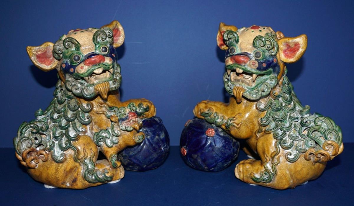 Rare ~ Antique ~ Pair Temple Foo Dogs ~ Glazed ~ Very Detailed