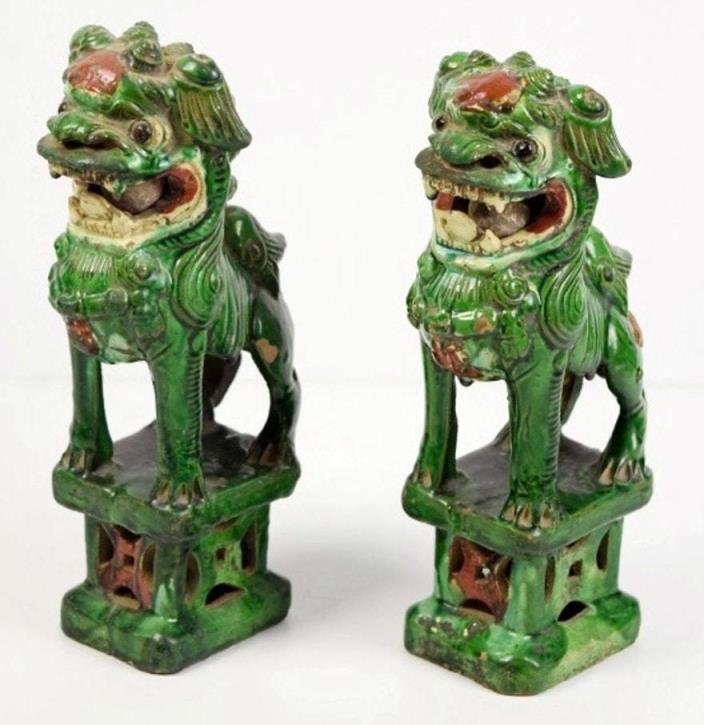 RARE Pair of Chinese Green Glazed Guardian Lions Circa 1850 w/ Loose Ball!
