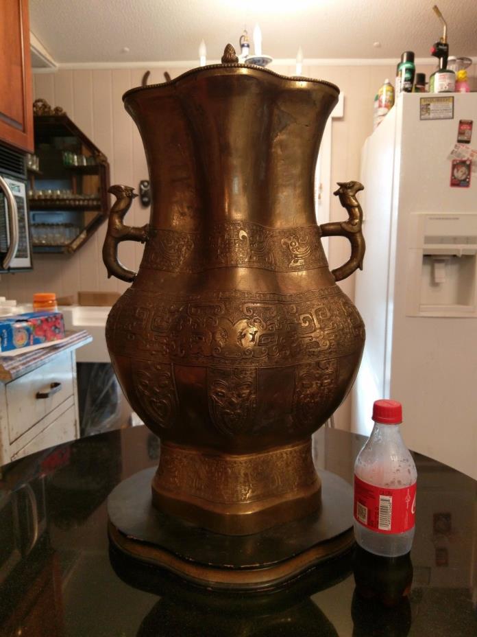 Stunning Huge Ancient Asian Solid Brass Vase Or Wine pot
