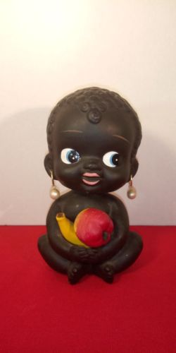 Vtg Black Baby Girl Bobble Head Bank Ceramic Fruit Banana Apple Kenmar Japan