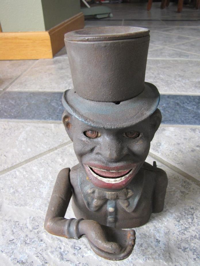 ANTIQUE 1896 J. & E. STEVENS CO. CAST IRON BLACK AMERICAN JOLLY MECHANICAL BANK