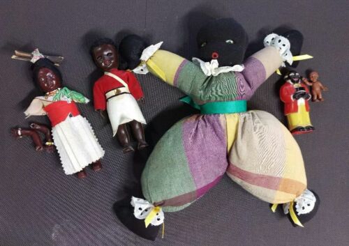 Folk Art African-American Americana Cloth Rag Doll & plastic Lot of 5 man woman