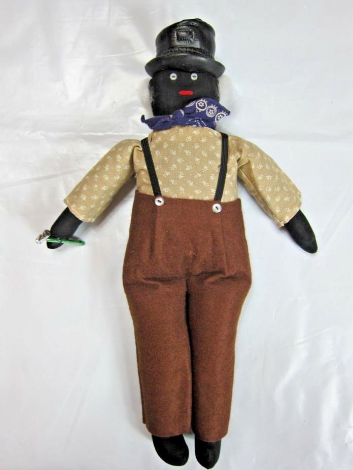 Vintage Black Rag Doll Old Man Cotton w/ Hat Folk Art African American Handmade