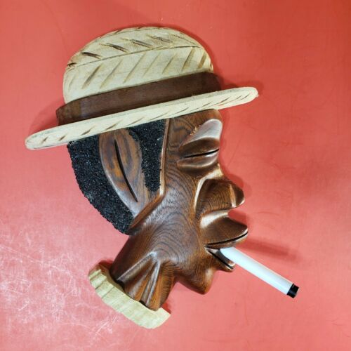 Hand Carved WOOD AFRICAN American ART BLACK MAN Smoking Cigarette Americana
