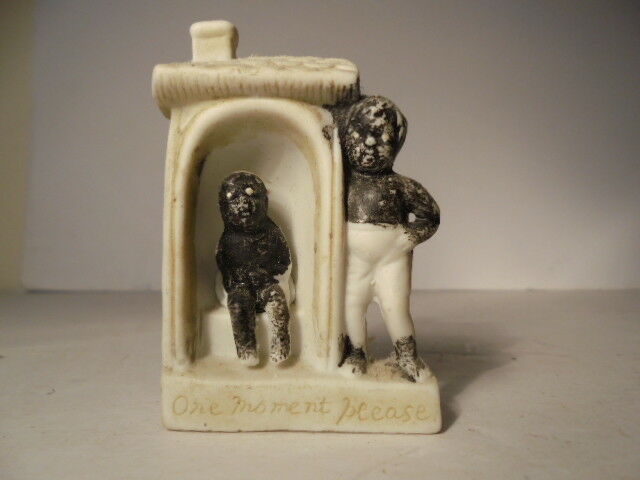 Vintage Black Americana Boys at Outhouse One Moment Please Bisque Japan 1950's