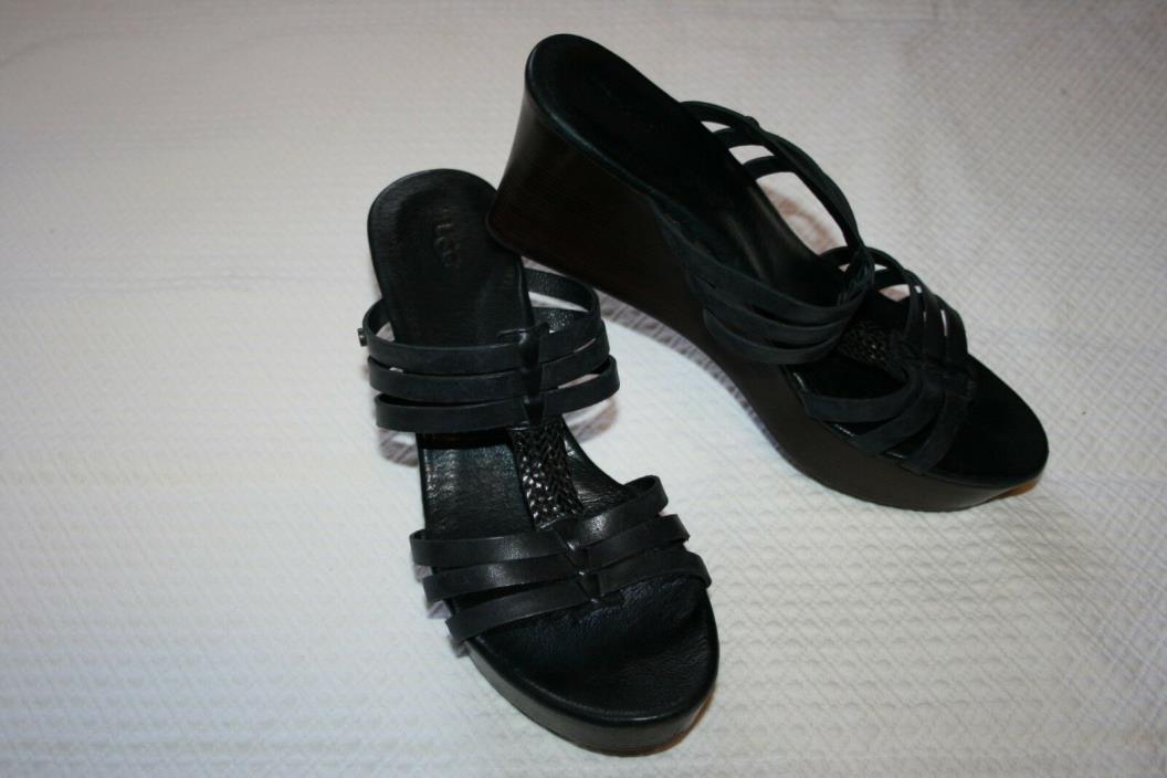 UGG Australia Mattie Black Leather Women's Wedge Sandal. Size 9.5 EUC
