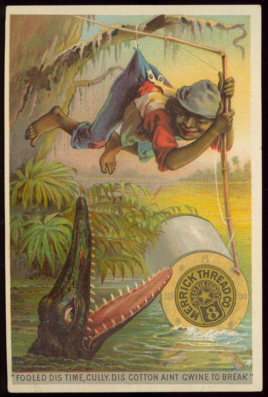 1880's Merrick Thread Black Americana Trade Card Featuring Alligator & Boy