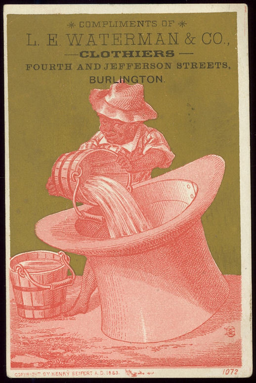 1883 L. E. Waterman & Co. Clothiers Burlington VT Black Americana Trade Card