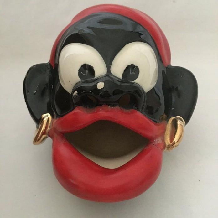 Vintage Black Americana Wide Open Mouth Ceramic Ashtray Red Lips Gold Earrings