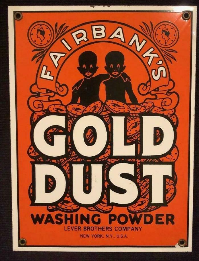 Vintage Porcelain Enamel Fairbanks Gold Dust Washing Powder Sign Black Americana