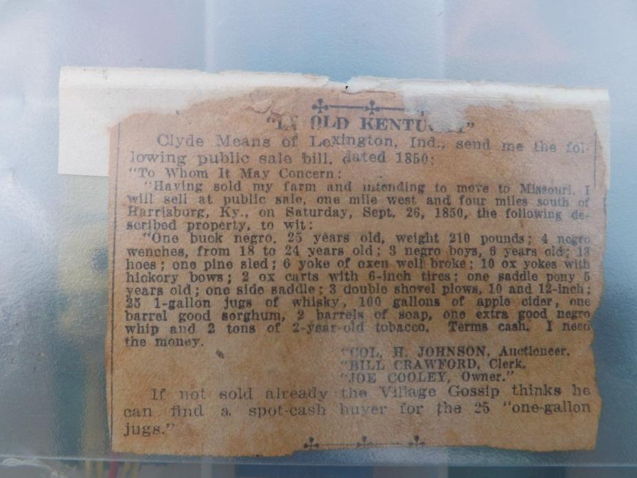 RARE 1850 Lexington KY SLAVE AUCTION Whiskey Bourbon PRE CIVIL WAR Black America