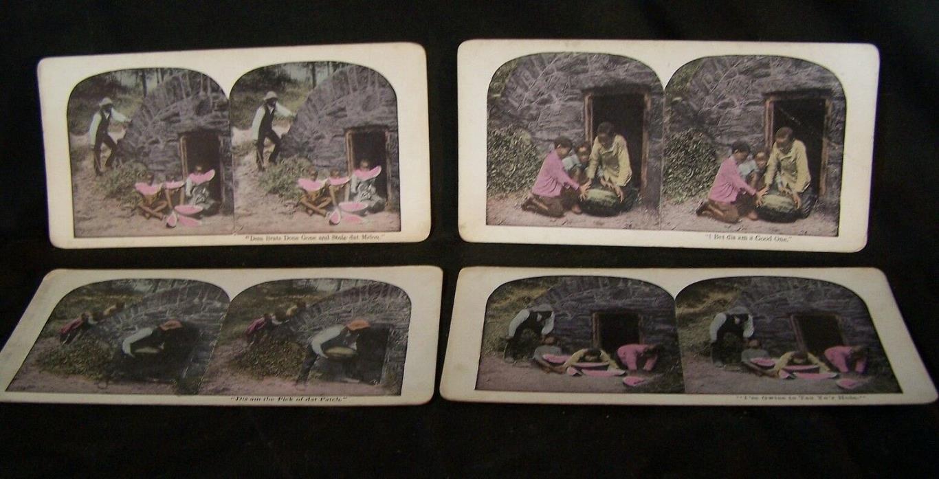 4 Antique Stereoscope Scope Viewer Photo Cards Black Americana Watermelon Kids