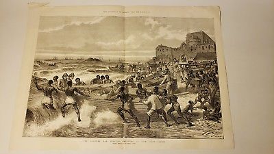 1874 ASHANTEE ASHANTI WAR PRINT AFRICA 'INVALIDS EMBARKING' CAPE COAST 15 X 22