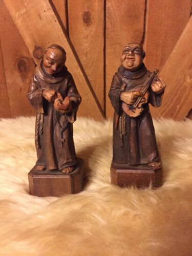 VINTAGE ANRI HAND CARVED MONKs One with Guitar One With Snuff Box? Monk
