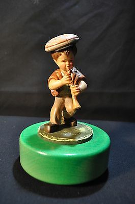 Rare Vintage Anri Reuge Music Box Boy with Lute Wooden Figurine Hand Painted