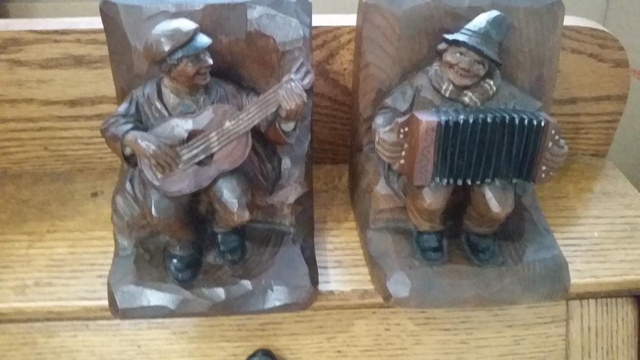 Anri Bookends Hand  Carved Wood Vintage Musicians
