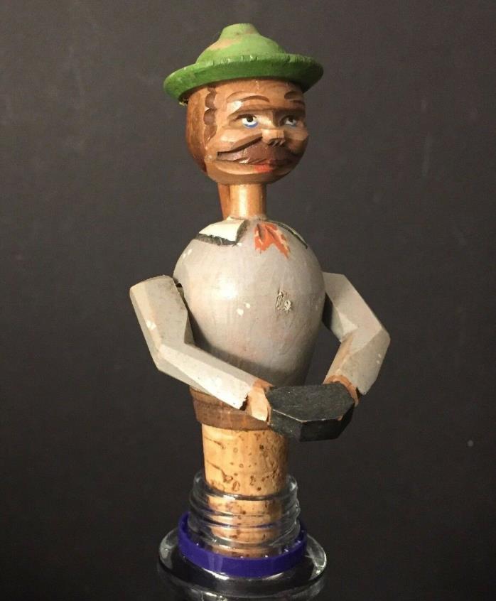 Vintage ANRI Hand Carved Wooden Mechanical Bottle Stopper with Camera